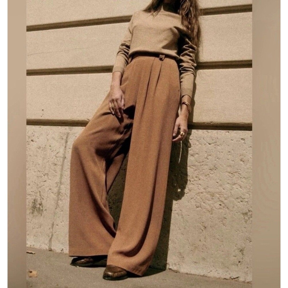 Sezane Lou Lou in Coffee High Waisted Dress Pants Pleated Button Sz XS US 2